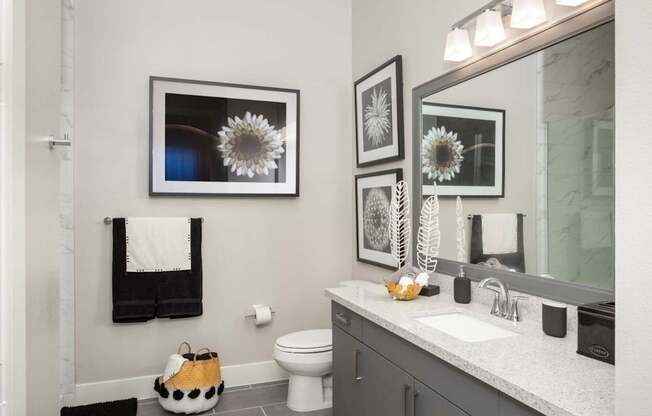 beautiful bathroom with picture frame accents