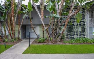 a building with a sidewalk and trees in front of it