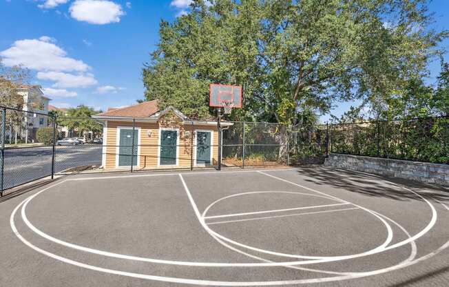 a basketball court in front of a brick building with a tree