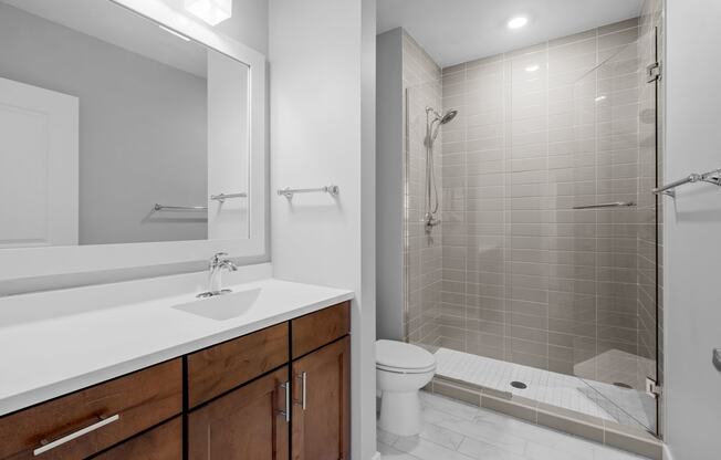 a bathroom with a shower sink and toilet and a mirror