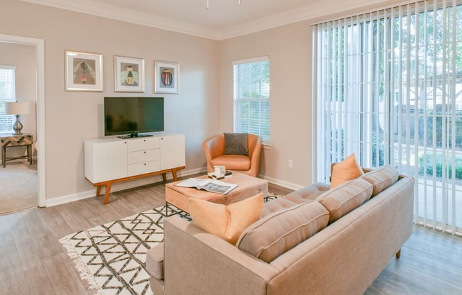 Spacious Living Room with Patio at Polos at Hudson Corners Apartments, South Carolina 29650