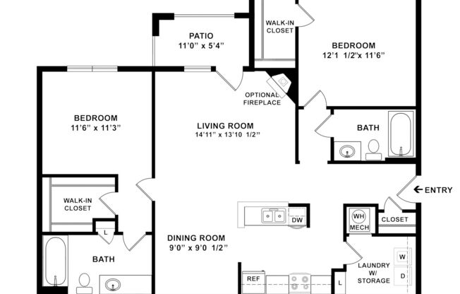 2 beds, 2 baths, 1,127 sqft, $1,339