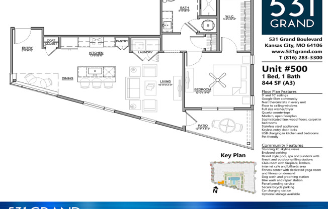 1 bed, 1 bath, 844 sqft, $1,899, Unit 500