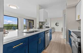A kitchen with blue cabinets and a window overlooking a field.