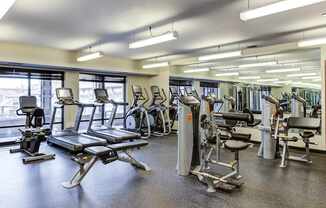 A gym with treadmills, exercise bikes, and weight machines.