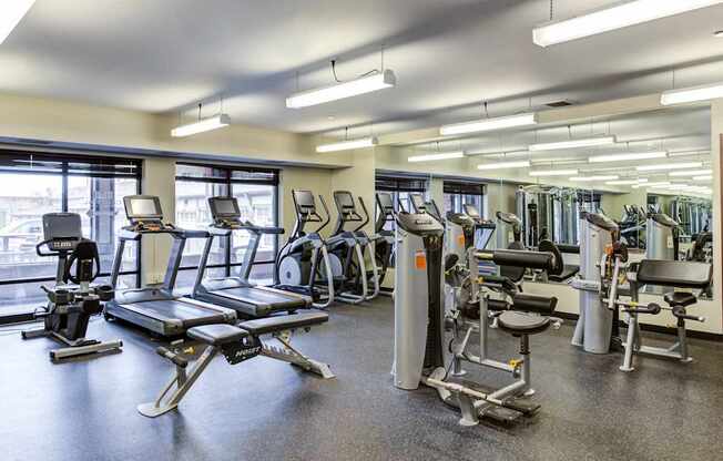 A gym with treadmills, exercise bikes, and weight machines.