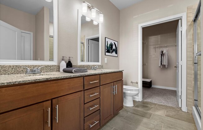 a bathroom with a large vanity and a walk in shower