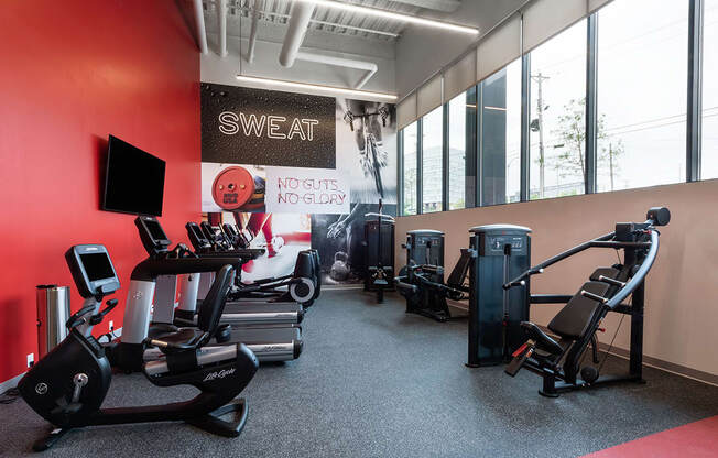 fitness center with treadmills and weight machines at Steelcote Square, St. Louis, Missouri