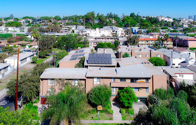 Aerial drone photo of The Glendon Building, showing solar panels.