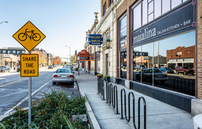 bike sign in front of neighborhood store  at Edge 35, Indianapolis, IN, 46203