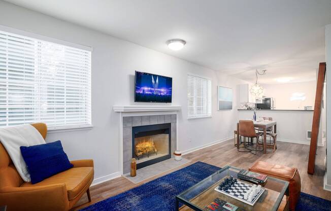 model living room with fireplace