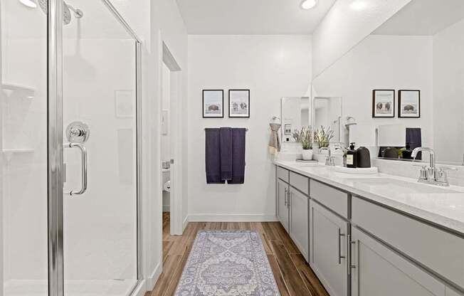 A bathroom with a glass shower door and a rug on the floor.