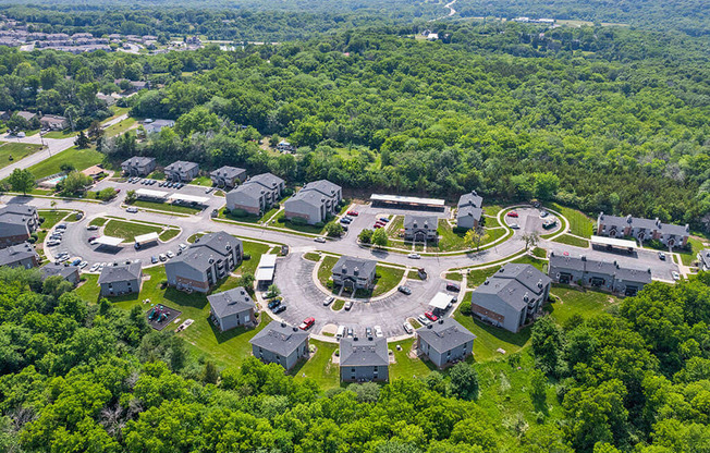 an aerial view of a neighborhood with houses and trees