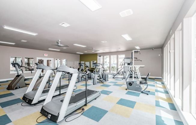 a large fitness room with treadmills and other exercise equipment