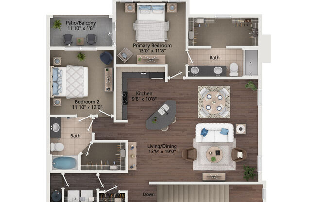 2 beds, 2 baths, 1,258 sqft, $1,975