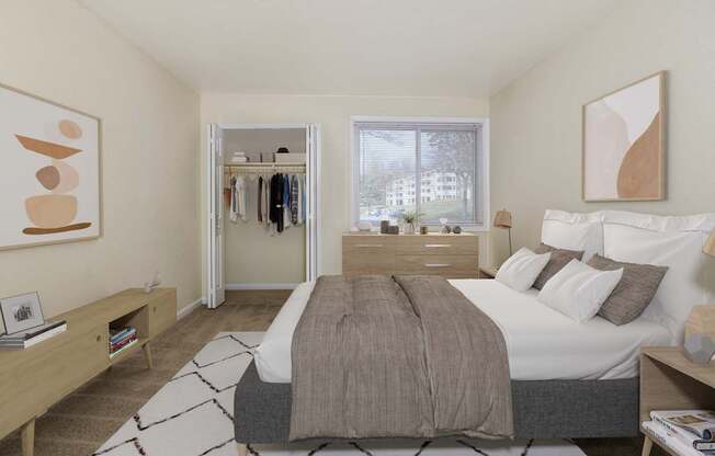 A bedroom with a large bed and a window overlooking a building.