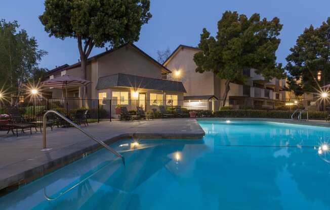 Pool View In Night Sky at Carrington Apartments, Fremont, CA, 94538