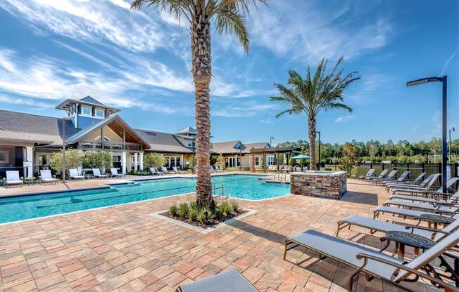 a swimming pool with chairs and palm trees
