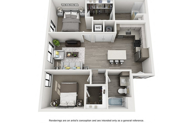 The Aviary Apartments 2x2 A 3D Floor Plan