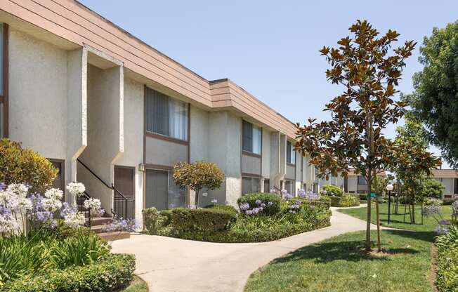 a row of apartments with gardens and trees in front of them
