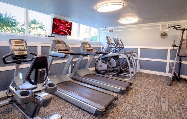 Getting a cardio workout is no sweat with treadmills, ellipticals and stationary bikes in the fitness center.