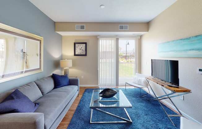 a living room with a gray couch and a blue rug