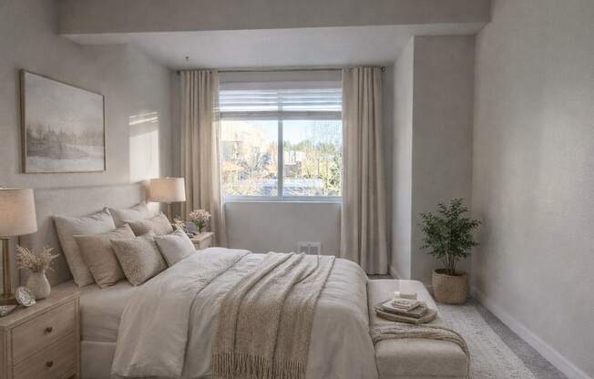 A bedroom with a large bed and a window with curtains.