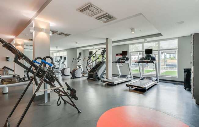 a workout room with weights and cardio equipment and windows