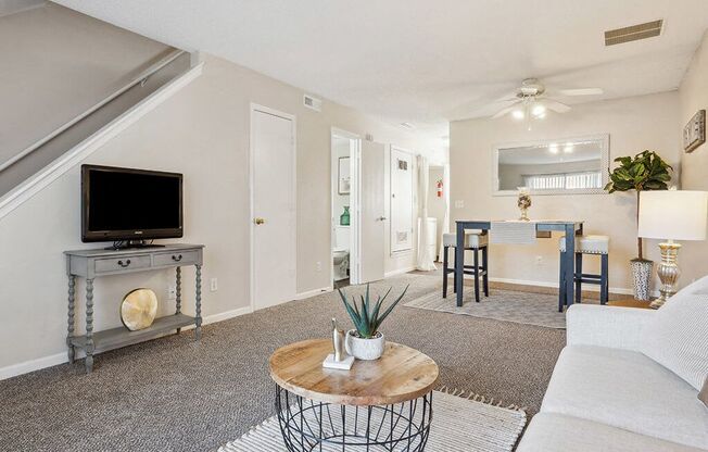 a living room with a couch and a television