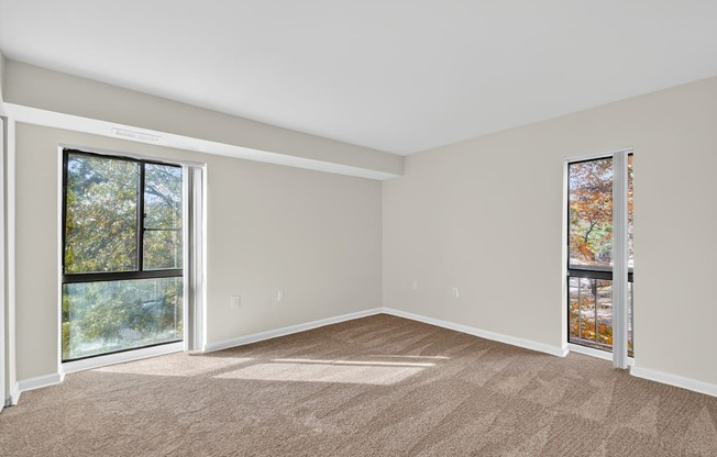 A room with carpeted floor and two windows.