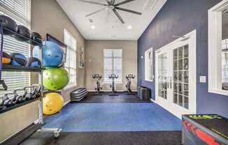 the gym with weights and cardio equipment at the flats at west end apartments