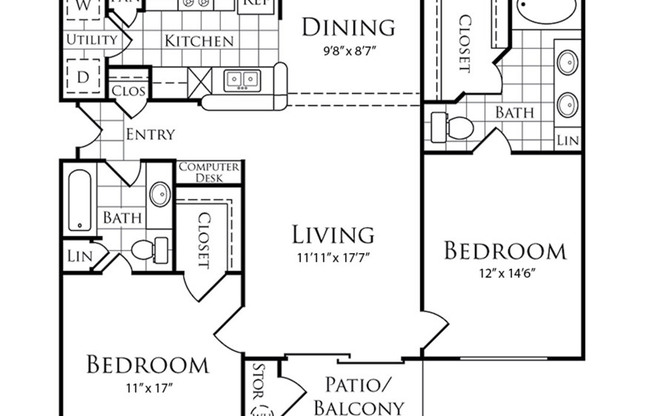 2 beds, 2 baths, 1,058 sqft, $1,340