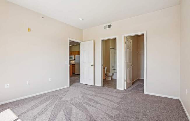 A room with carpeted floor and three open doors.