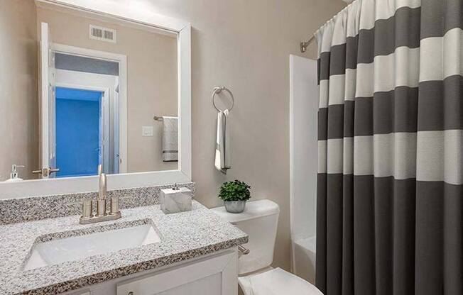 a bathroom with a black and white shower curtain