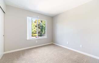 A room with a carpeted floor and a window.