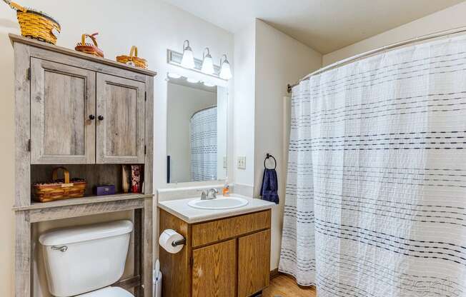 a bathroom with a shower and a sink and a toilet