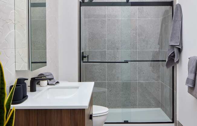 A modern bathroom with a walk-in shower and a white sink.