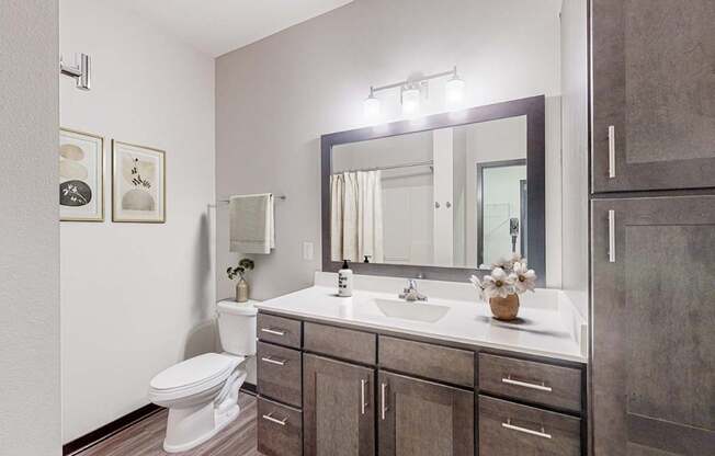 A bathroom with a toilet, sink, and mirror.