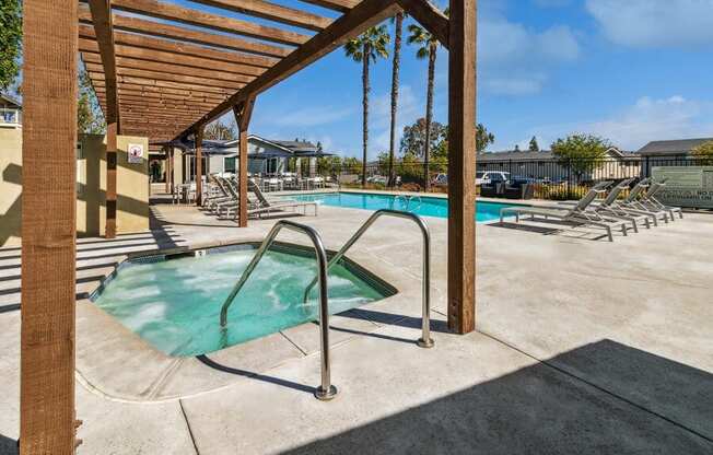 Community Hot Tub and view of Pool at Forest Park Apartments in El Cajon, CA.