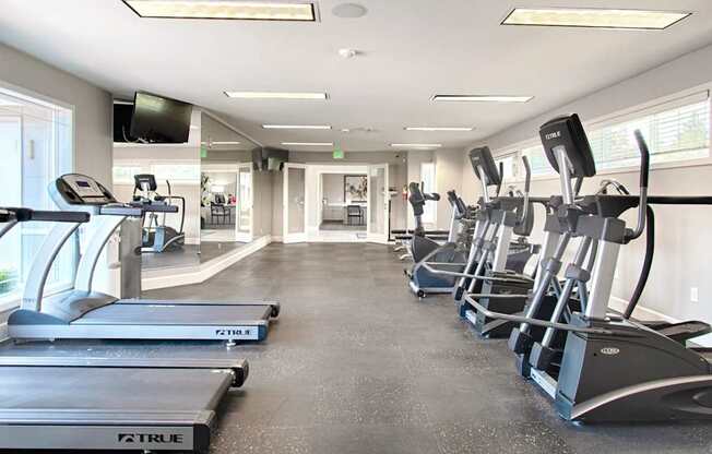 A modern fitness center here at Andorra featuring treadmills and elliptical machines arranged on rubber flooring, a mirrored wall for workouts, wall-mounted televisions, bright overhead lighting, and large windows that bring in natural light, creating a clean and functional space for cardio and everyday exercise.