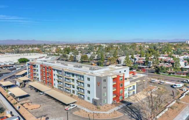 Aerial view at V on Broadway Apartments in Tempe AZ November 2020