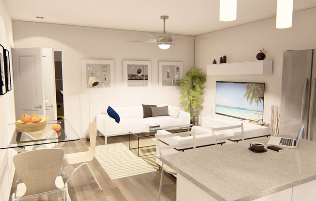 a rendering of a living room and dining room at Brownstones at Palisade Park, Broomfield, 80023