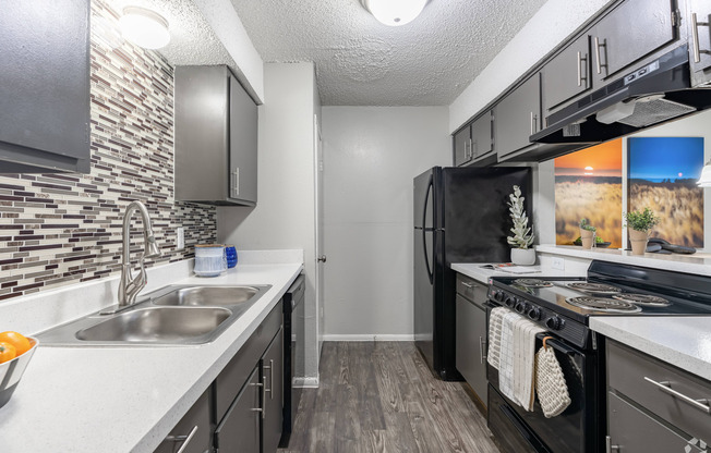 state of the art kitchen with see through wall and black appliances