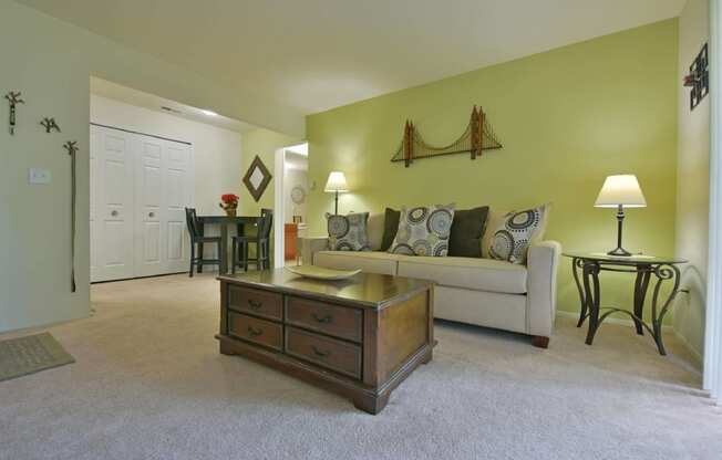 a living room with a couch and a coffee table