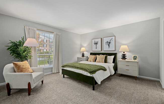 A bedroom with a bed, nightstand, chair, and lamp.