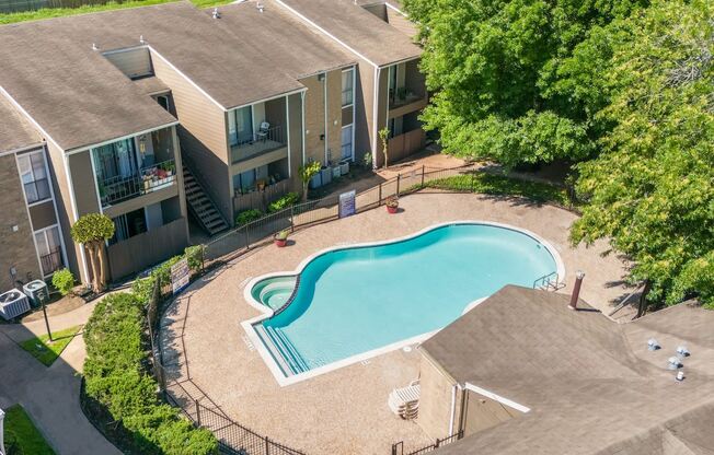 an aerial view of one of the two pools and sundecks at Kirkwood Landing