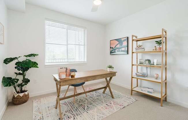 A room with a table, a plant, and a shelf.