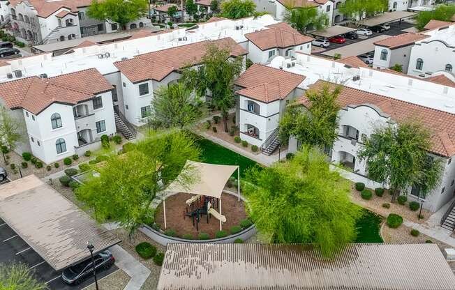 ariel view of courtyard with trees