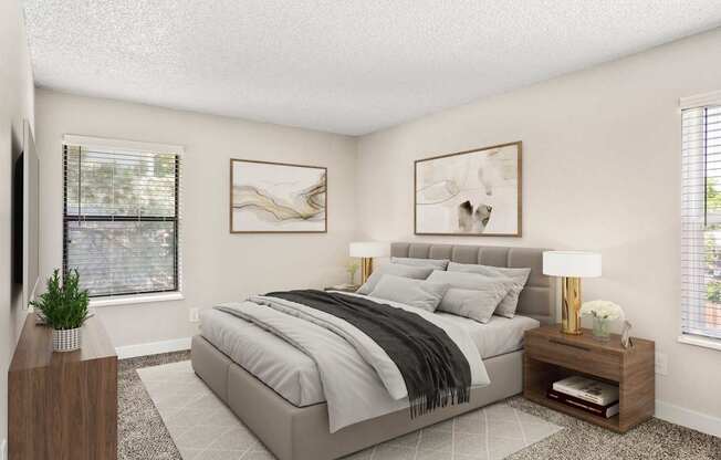 A bedroom with a large bed and a TV on the side.