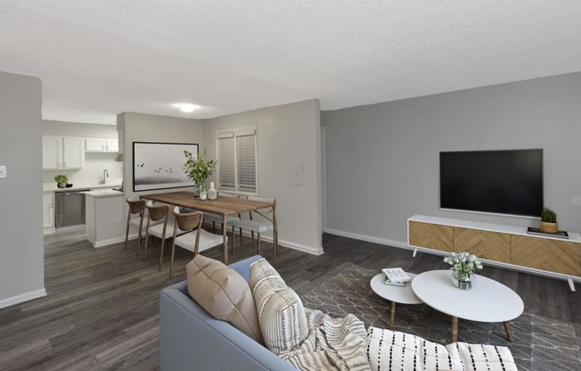 a living room with a couch and a table and a television